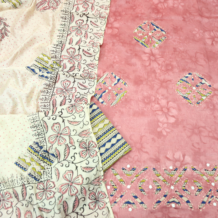 Sadhgi California Pink Self Printed Kalamkari Applique Work Jam Satin Cotton Set