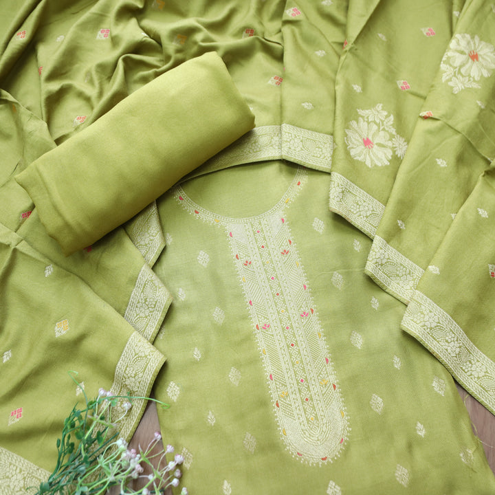 Raveena Leaf Green All Over Zari Weaved Panel Style Semi Pashmina Winter Set