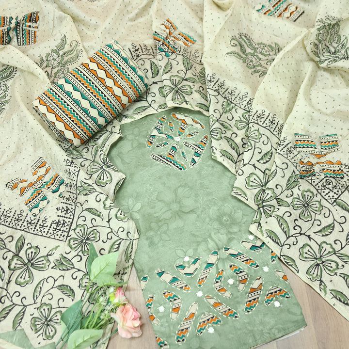 Sadhgi Sage Green Self Printed Kalamkari Applique Work Jam Satin Cotton Set