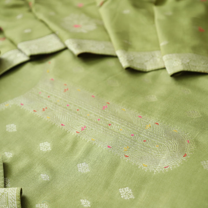 Raveena Leaf Green All Over Zari Weaved Panel Style Semi Pashmina Winter Set