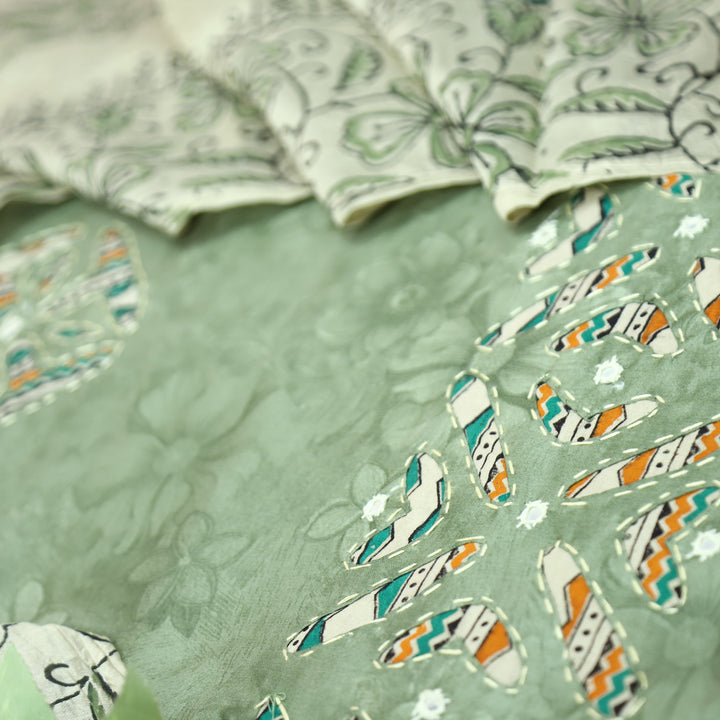 Sadhgi Sage Green Self Printed Kalamkari Applique Work Jam Satin Cotton Set