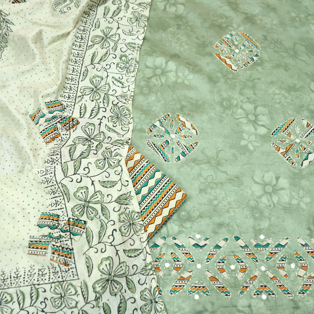 Sadhgi Sage Green Self Printed Kalamkari Applique Work Jam Satin Cotton Set