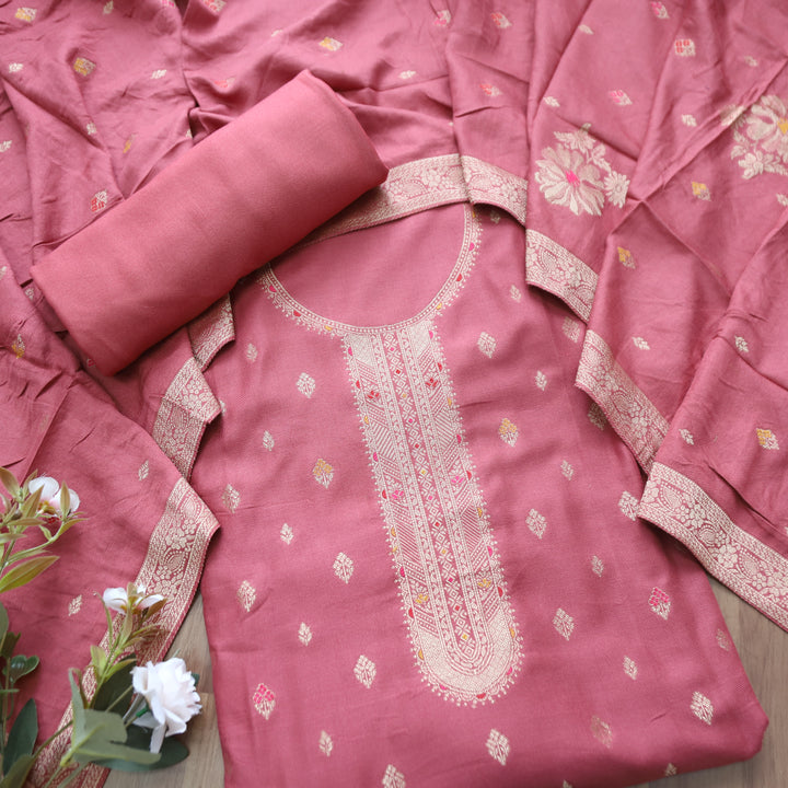 Raveena Blush Mauve All Over Zari Weaved Panel Style Semi Pashmina Winter Set