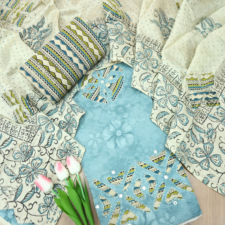 Sadhgi Powder Blue Self Printed Kalamkari Applique Work Jam Satin Cotton Set