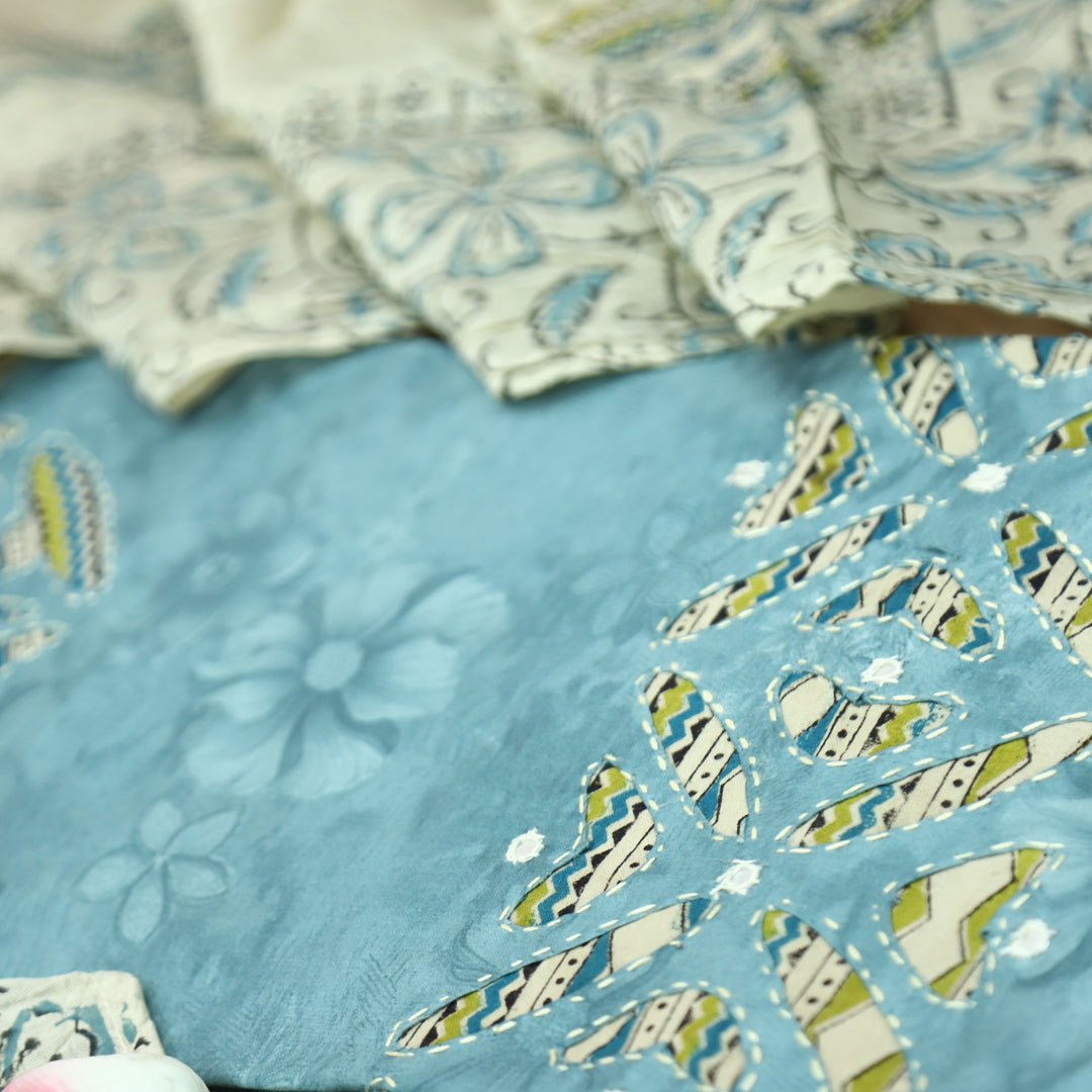 Sadhgi Powder Blue Self Printed Kalamkari Applique Work Jam Satin Cotton Set