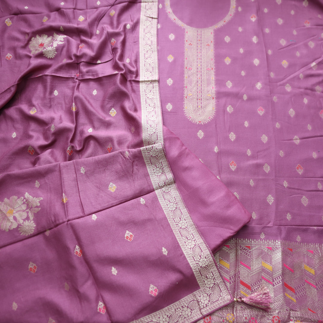 Raveena Helio Lilac All Over Zari Weaved Panel Style Semi Pashmina Winter Set