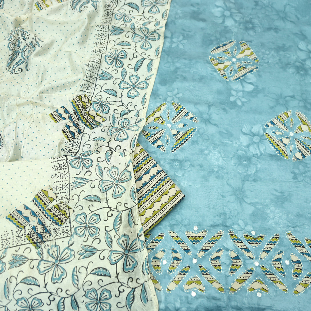 Sadhgi Powder Blue Self Printed Kalamkari Applique Work Jam Satin Cotton Set