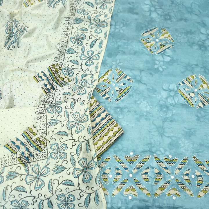 Sadhgi Powder Blue Self Printed Kalamkari Applique Work Jam Satin Cotton Set