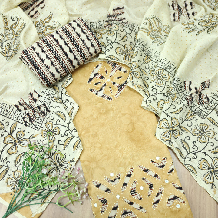 Sadhgi Butter Yellow Self Printed Kalamkari Applique Work Jam Satin Cotton Set