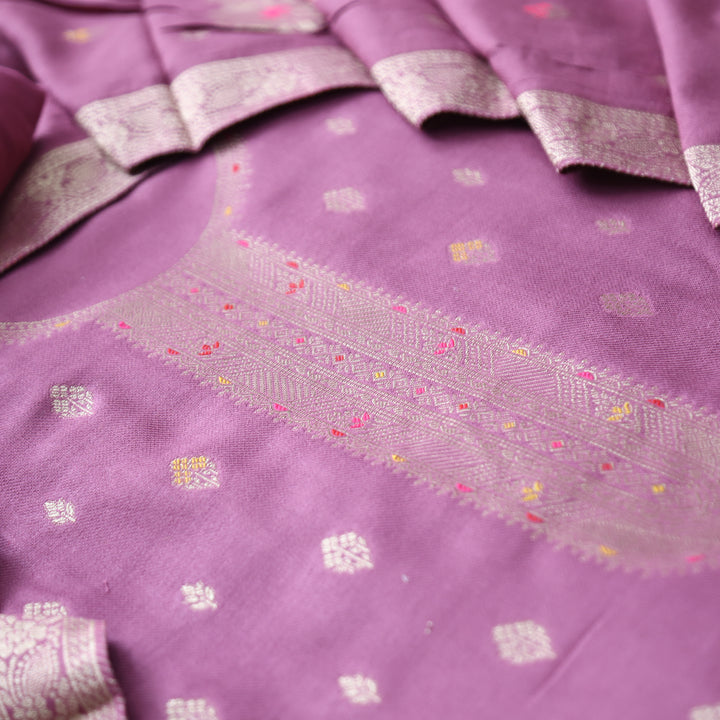 Raveena Helio Lilac All Over Zari Weaved Panel Style Semi Pashmina Winter Set
