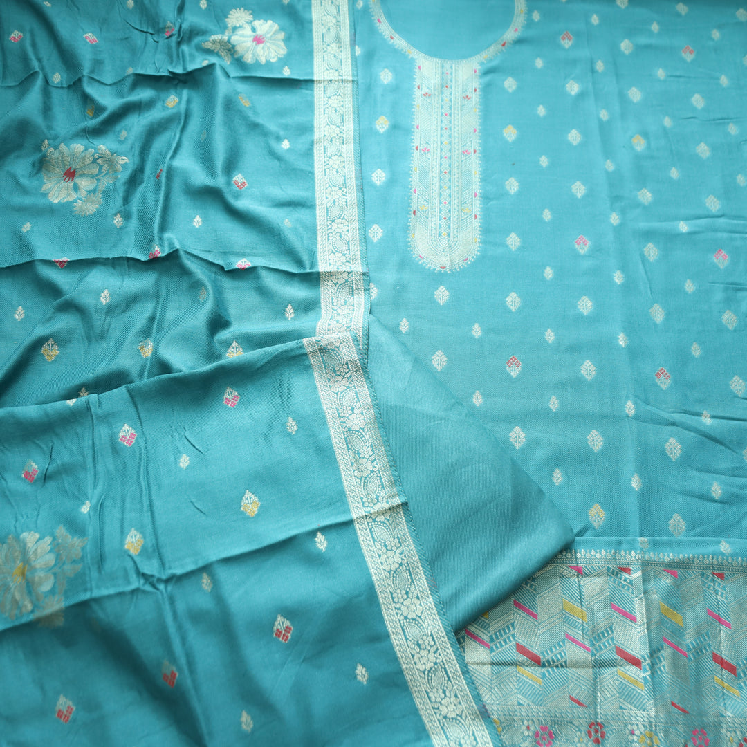 Raveena Aqua Blue All Over Zari Weaved Panel Style Semi Pashmina Winter Set