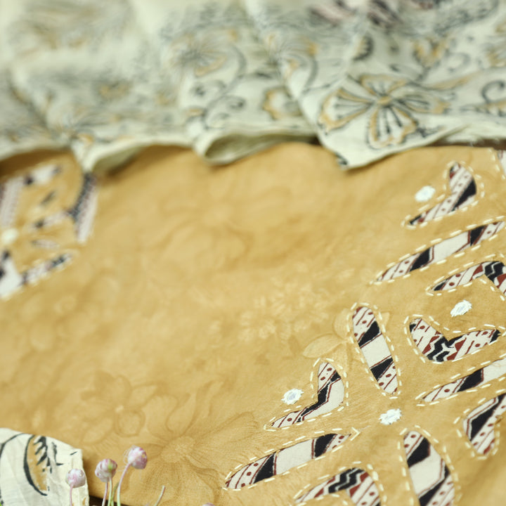 Sadhgi Butter Yellow Self Printed Kalamkari Applique Work Jam Satin Cotton Set