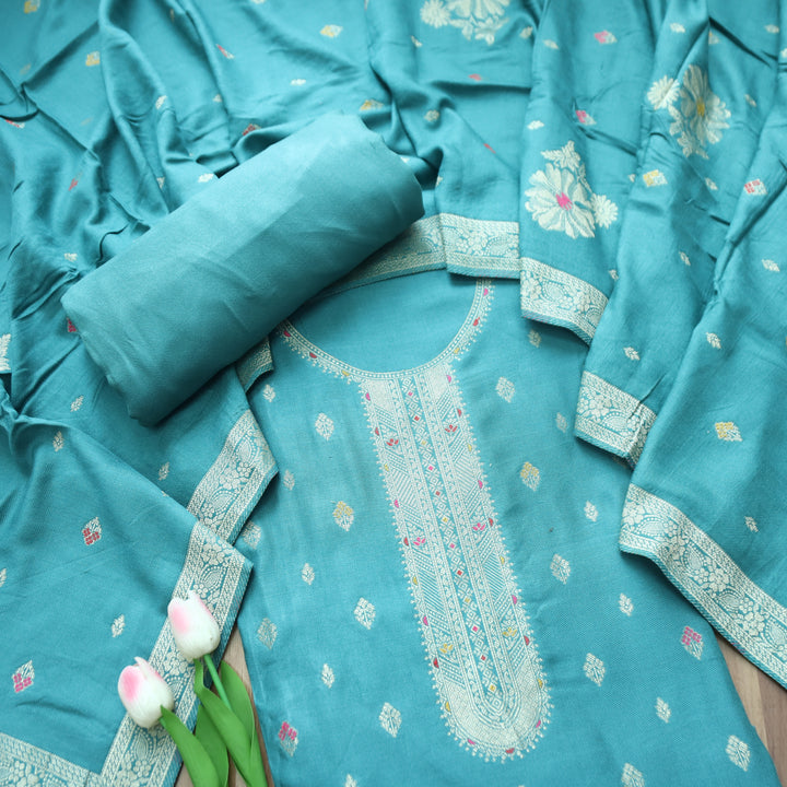Raveena Aqua Blue All Over Zari Weaved Panel Style Semi Pashmina Winter Set