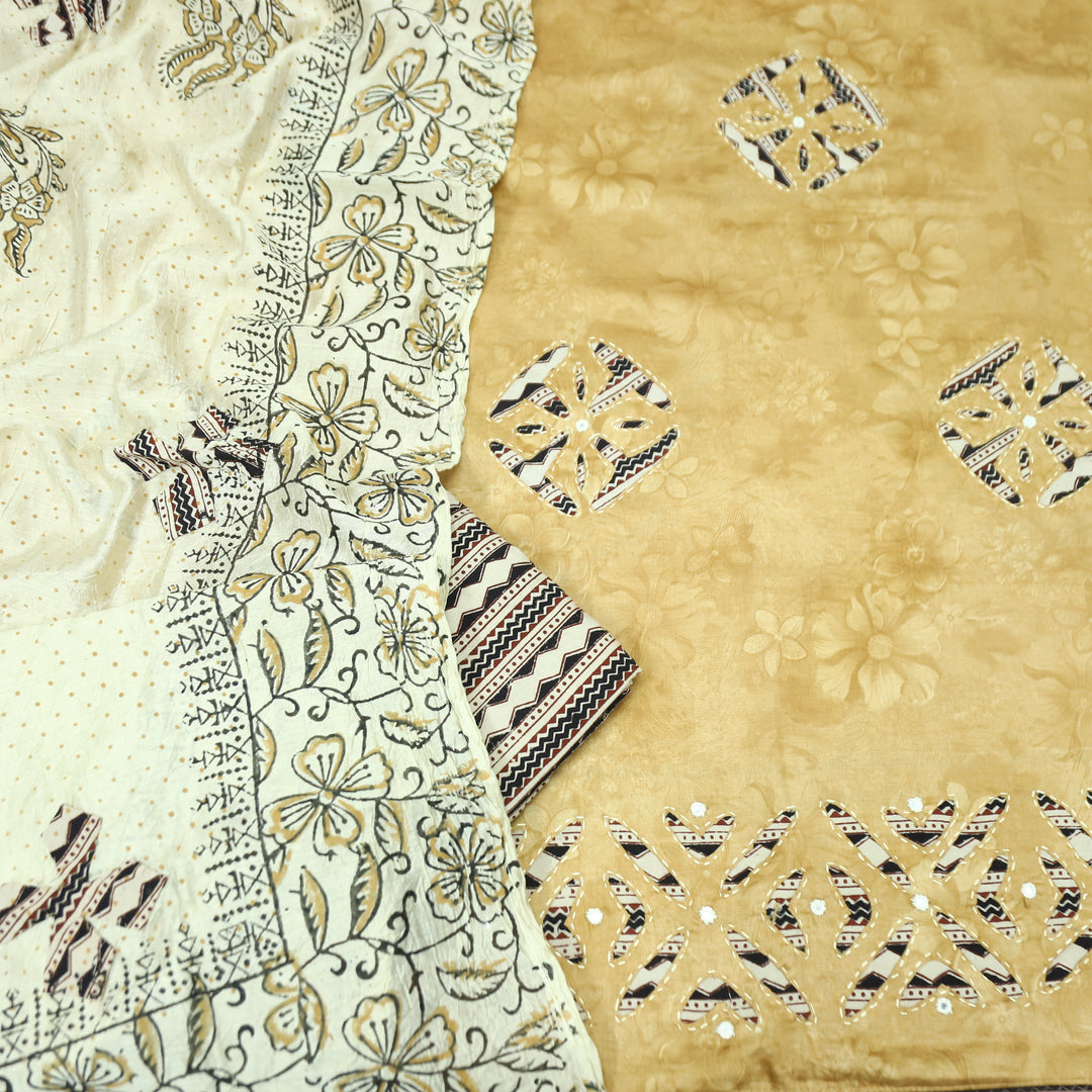 Sadhgi Butter Yellow Self Printed Kalamkari Applique Work Jam Satin Cotton Set