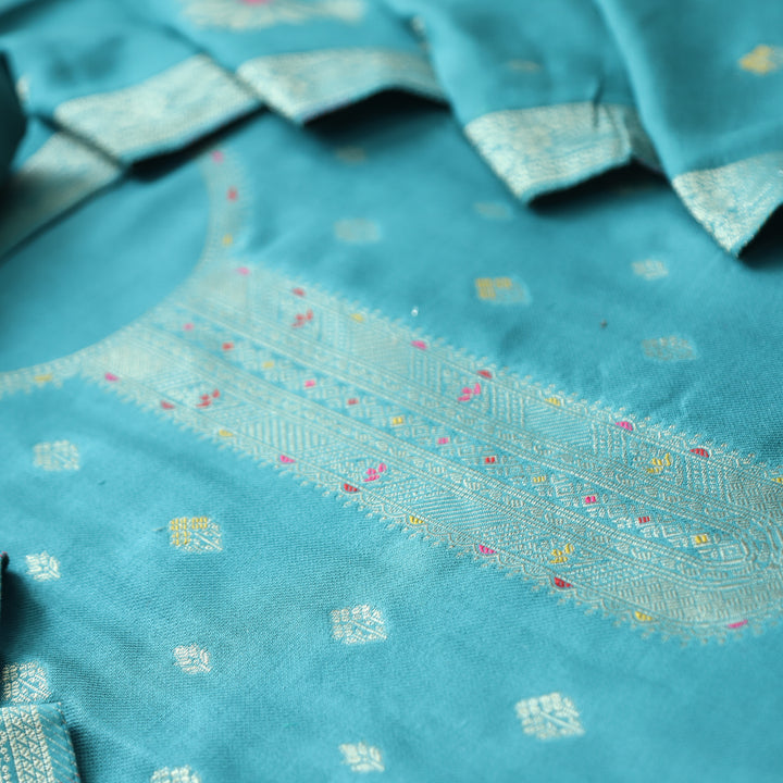Raveena Aqua Blue All Over Zari Weaved Panel Style Semi Pashmina Winter Set
