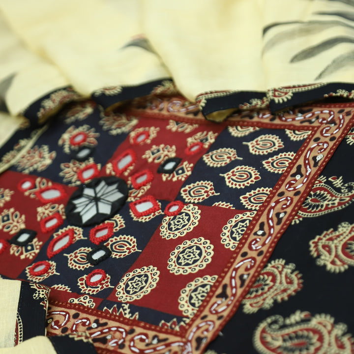 Patrani Black Ajrak Print Yoke with Mirror Detailing in Paisley Print Cotton Set
