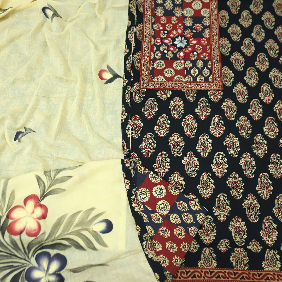 Patrani Black Ajrak Print Yoke with Mirror Detailing in Paisley Print Cotton Set