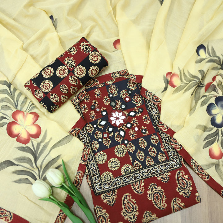 Patrani Maroon Red Print Yoke with Mirror Detailing in Paisley Print Cotton Set