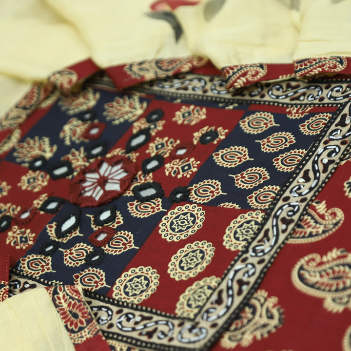 Patrani Maroon Red Print Yoke with Mirror Detailing in Paisley Print Cotton Set