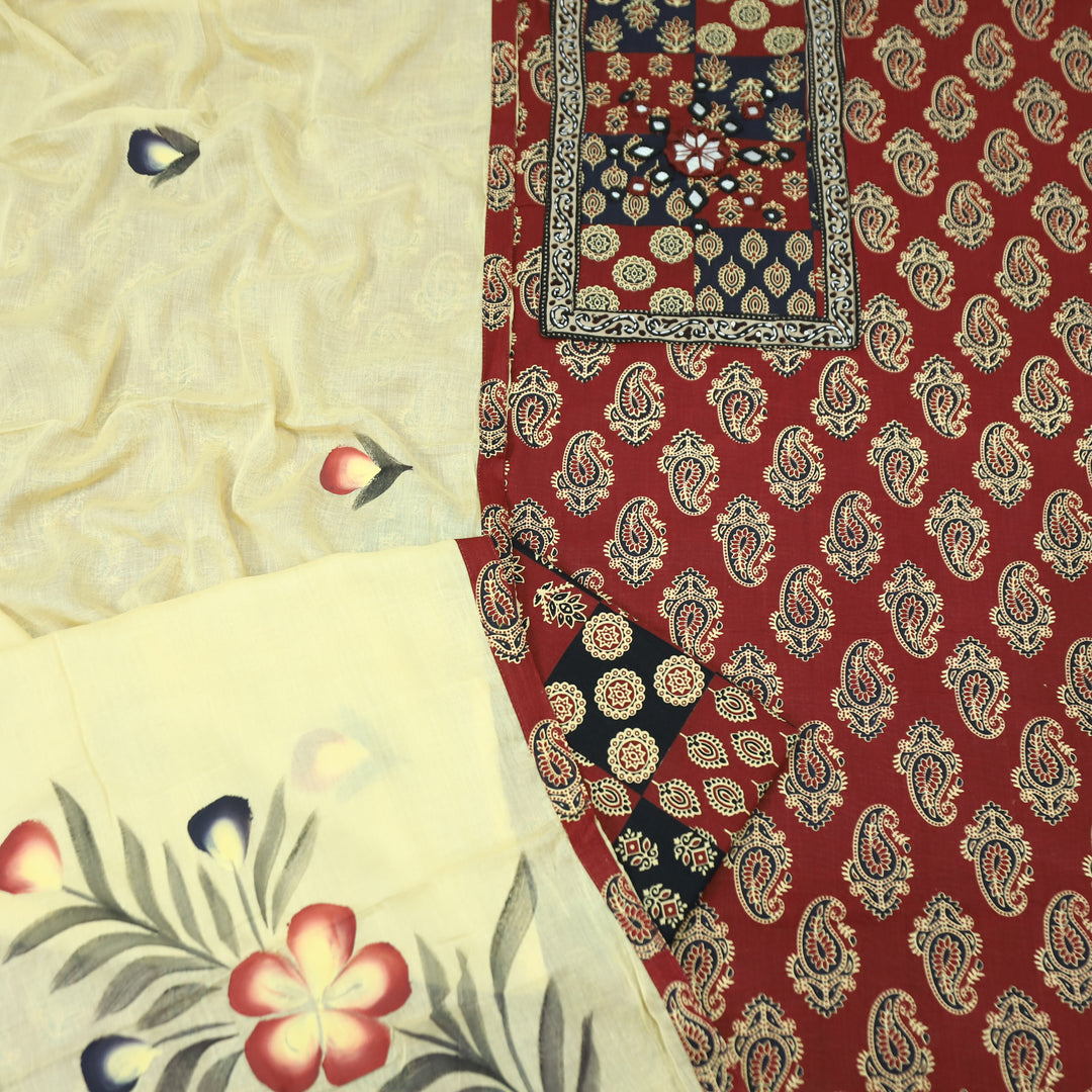 Patrani Maroon Red Print Yoke with Mirror Detailing in Paisley Print Cotton Set