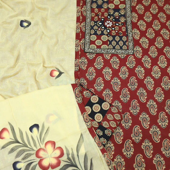 Patrani Maroon Red Print Yoke with Mirror Detailing in Paisley Print Cotton Set