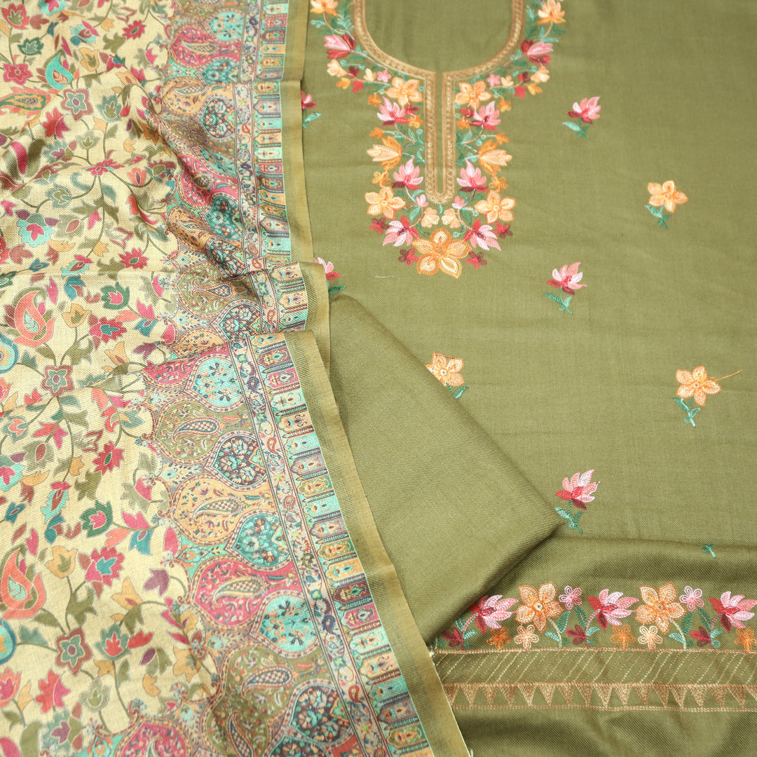 Gauri Fern Green Aari Style Thread Embroidery Work Semi Pashmina Winter Set