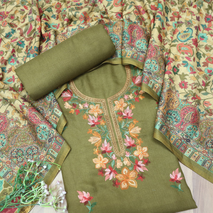 Gauri Fern Green Aari Style Thread Embroidery Work Semi Pashmina Winter Set