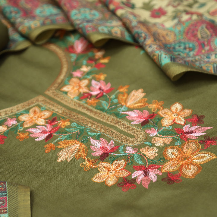 Gauri Fern Green Aari Style Thread Embroidery Work Semi Pashmina Winter Set