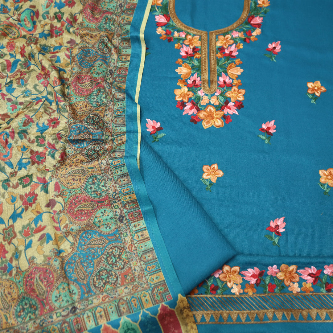 Gauri Electric Blue Aari Style Thread Embroidery Work Semi Pashmina Winter Set