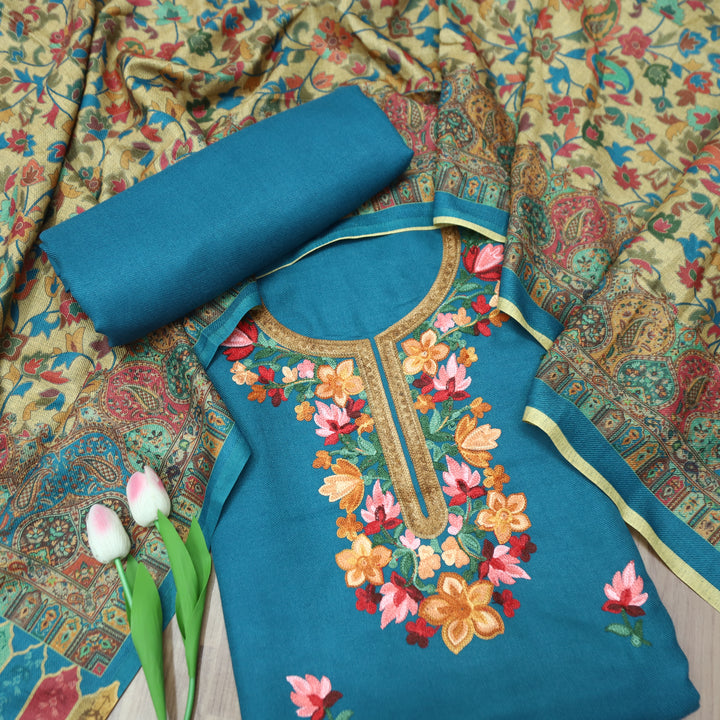 Gauri Electric Blue Aari Style Thread Embroidery Work Semi Pashmina Winter Set