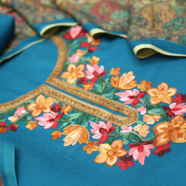 Gauri Electric Blue Aari Style Thread Embroidery Work Semi Pashmina Winter Set
