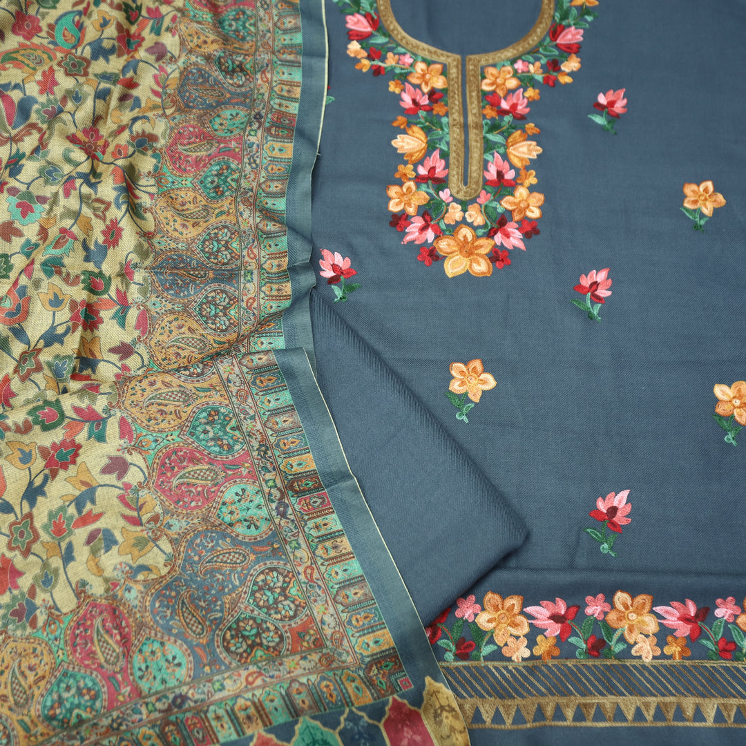 Gauri Slate Grey Aari Style Thread Embroidery Work Semi Pashmina Winter Set