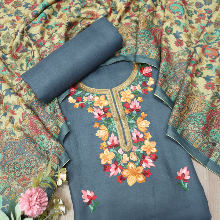 Gauri Slate Grey Aari Style Thread Embroidery Work Semi Pashmina Winter Set