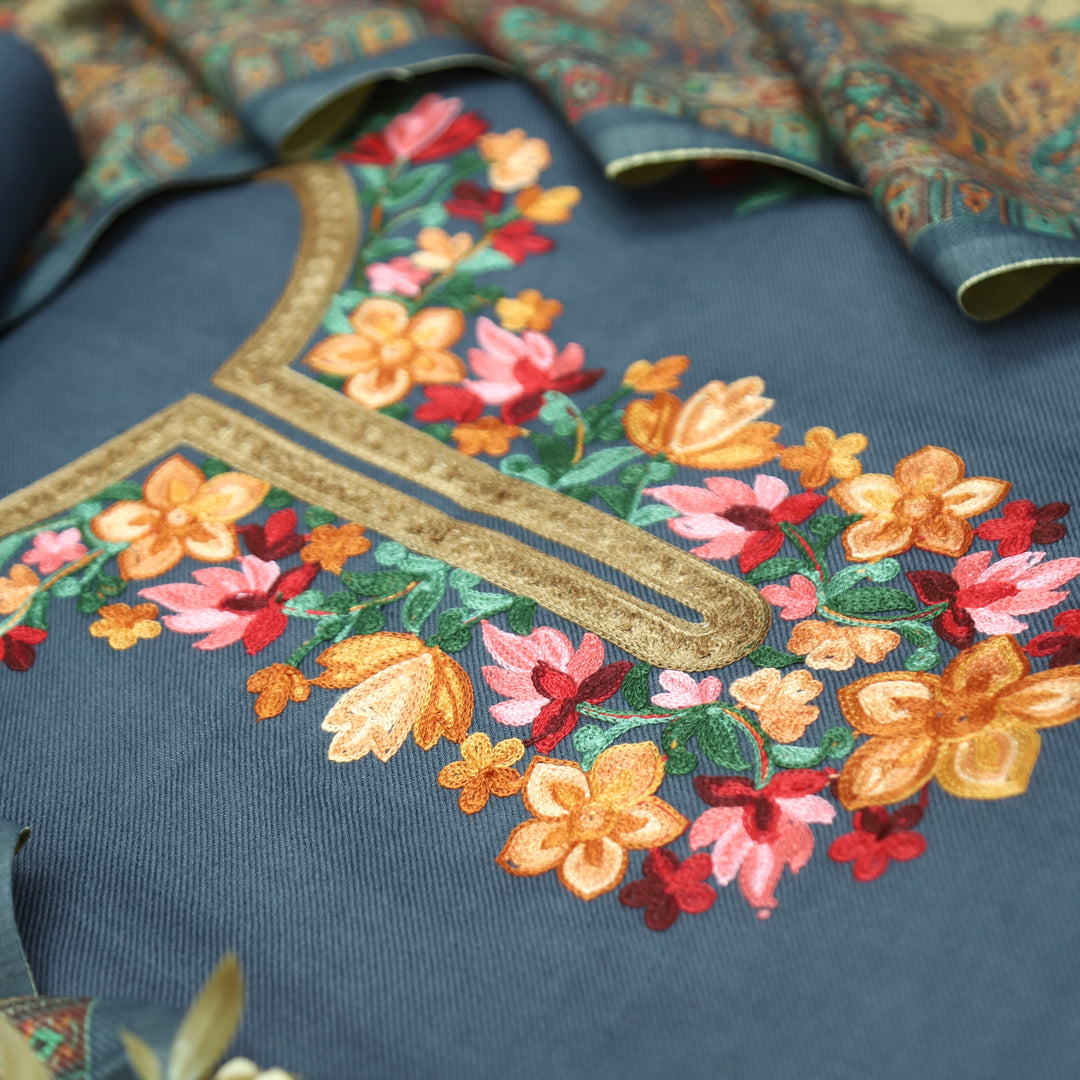 Gauri Slate Grey Aari Style Thread Embroidery Work Semi Pashmina Winter Set