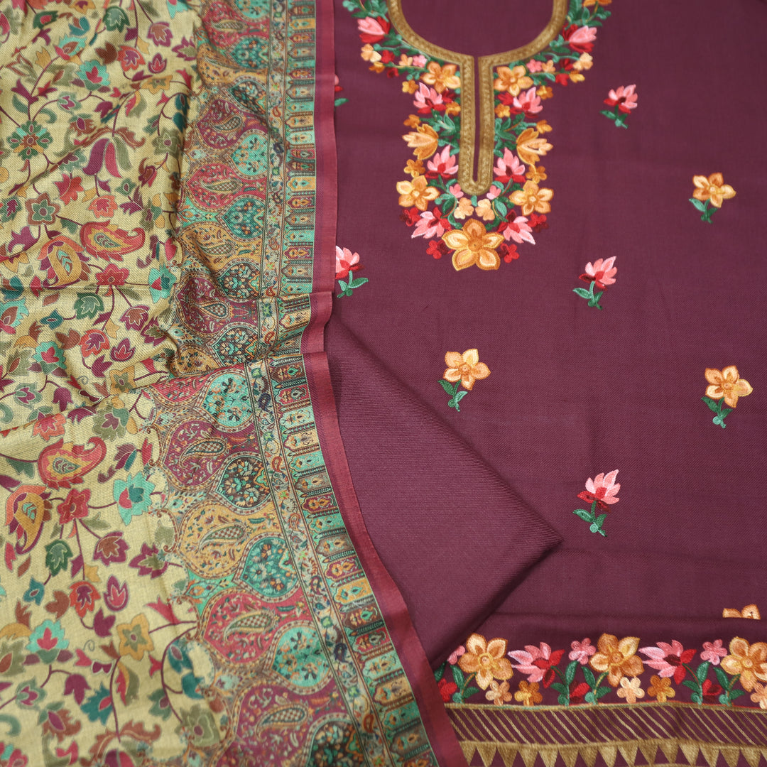 Gauri Mahogany Wine Aari Style Thread Embroidery Work Semi Pashmina Winter Set
