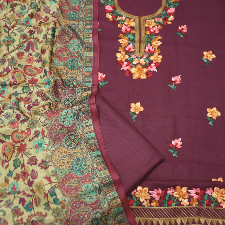 Gauri Mahogany Wine Aari Style Thread Embroidery Work Semi Pashmina Winter Set
