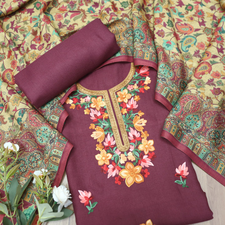 Gauri Mahogany Wine Aari Style Thread Embroidery Work Semi Pashmina Winter Set