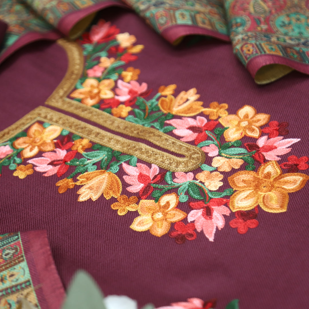 Gauri Mahogany Wine Aari Style Thread Embroidery Work Semi Pashmina Winter Set