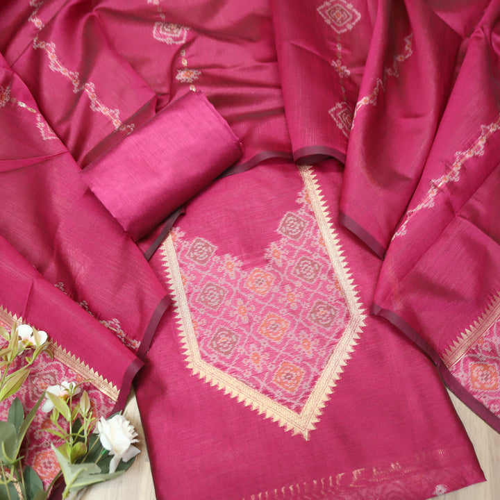 Rupali Magenta Pink Zari Weaved Tussar Chanderi Silk Set