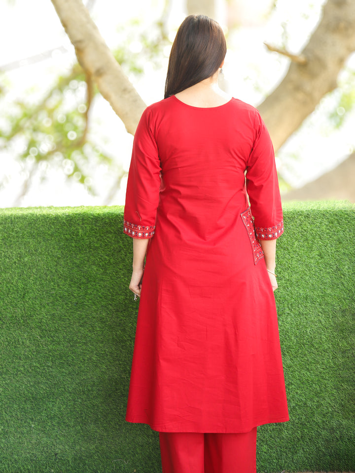 Saiyara Red Embellish Angrakha Neck with Knot And Side Pocket Cotton 2 Piece Set