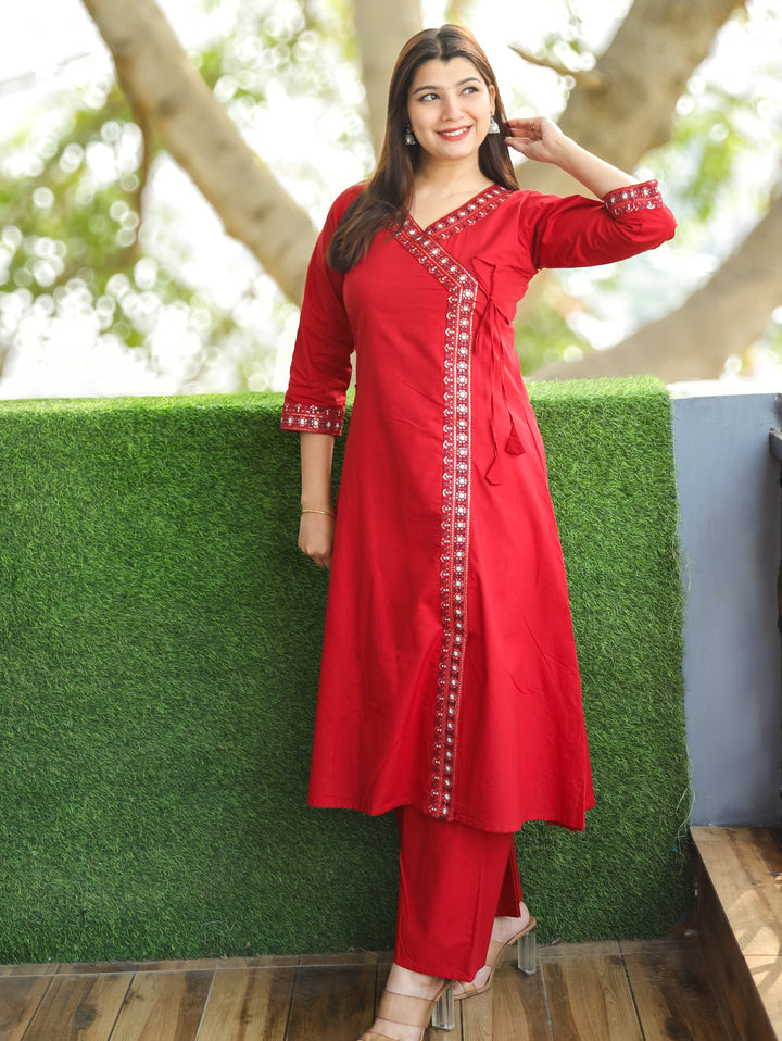 Saiyara Red Embellish Angrakha Neck with Knot And Side Pocket Cotton 2 Piece Set