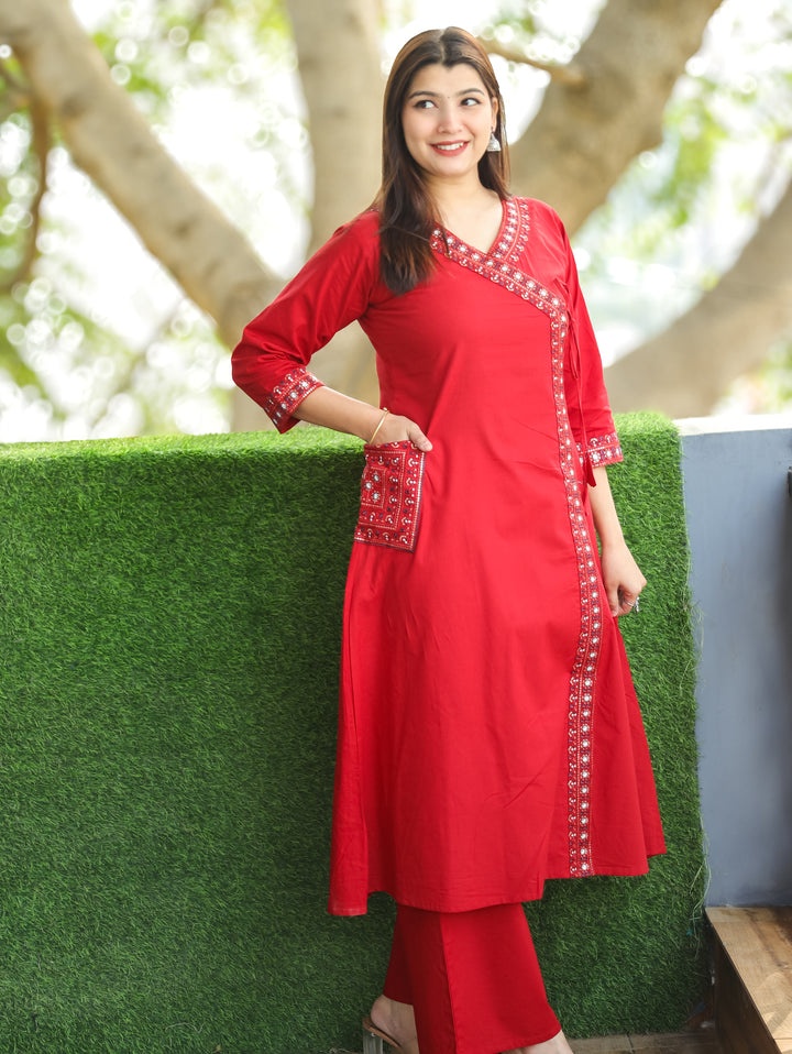 Saiyara Red Embellish Angrakha Neck with Knot And Side Pocket Cotton 2 Piece Set