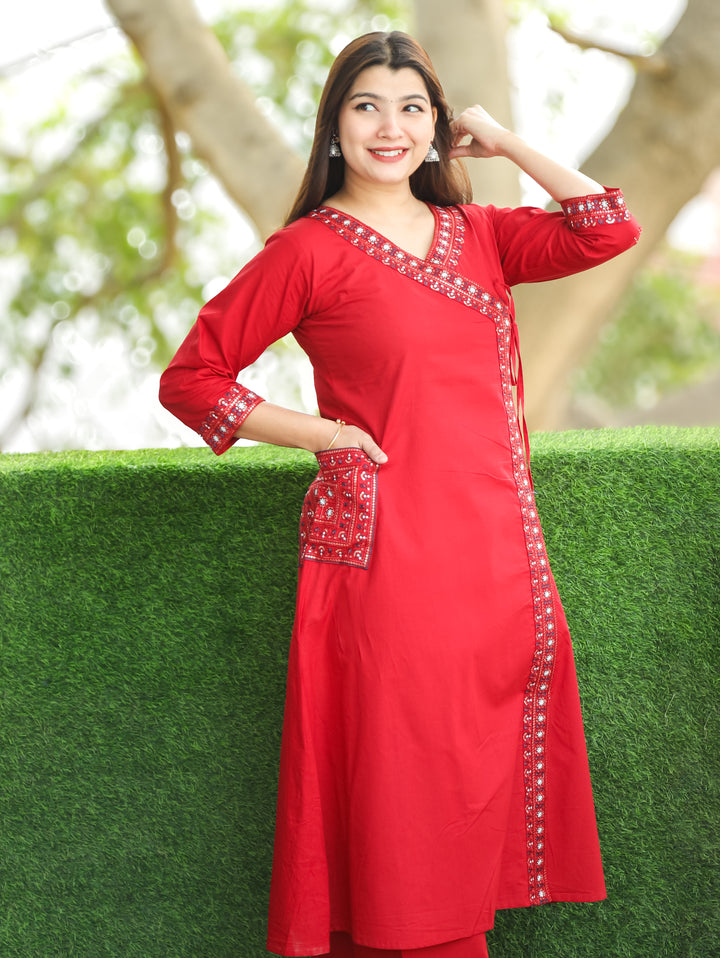 Saiyara Red Embellish Angrakha Neck with Knot And Side Pocket Cotton 2 Piece Set