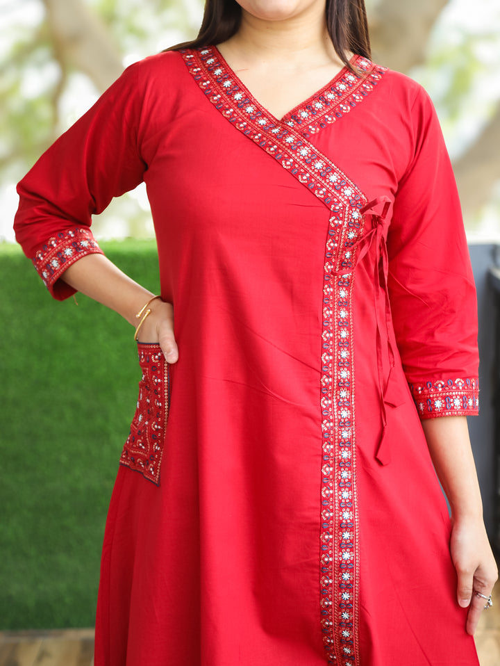 Saiyara Red Embellish Angrakha Neck with Knot And Side Pocket Cotton 2 Piece Set