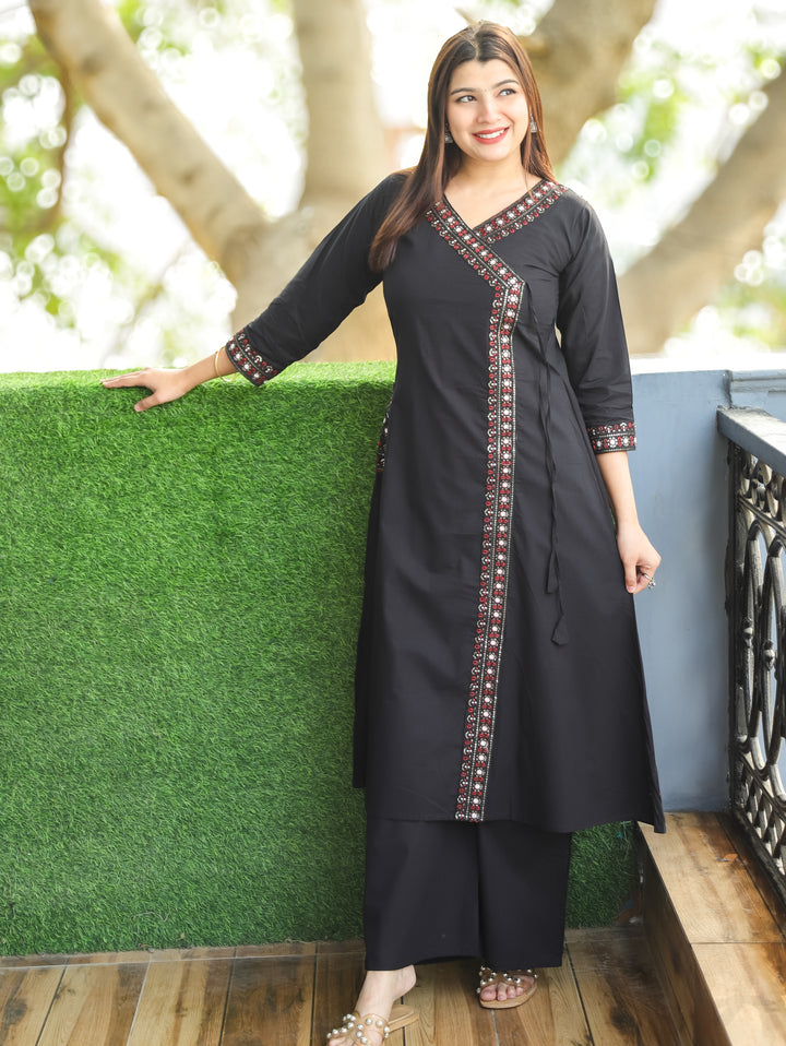 Saiyara Black Embellish Angrakha Neck with Knot And Side Pocket Cotton 2 Piece Set