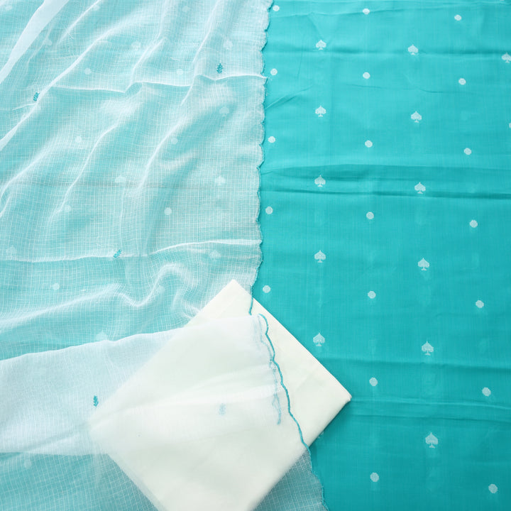 Madhubala Turquoise Blue Thread Weaved Handloom Cotton Suit Set