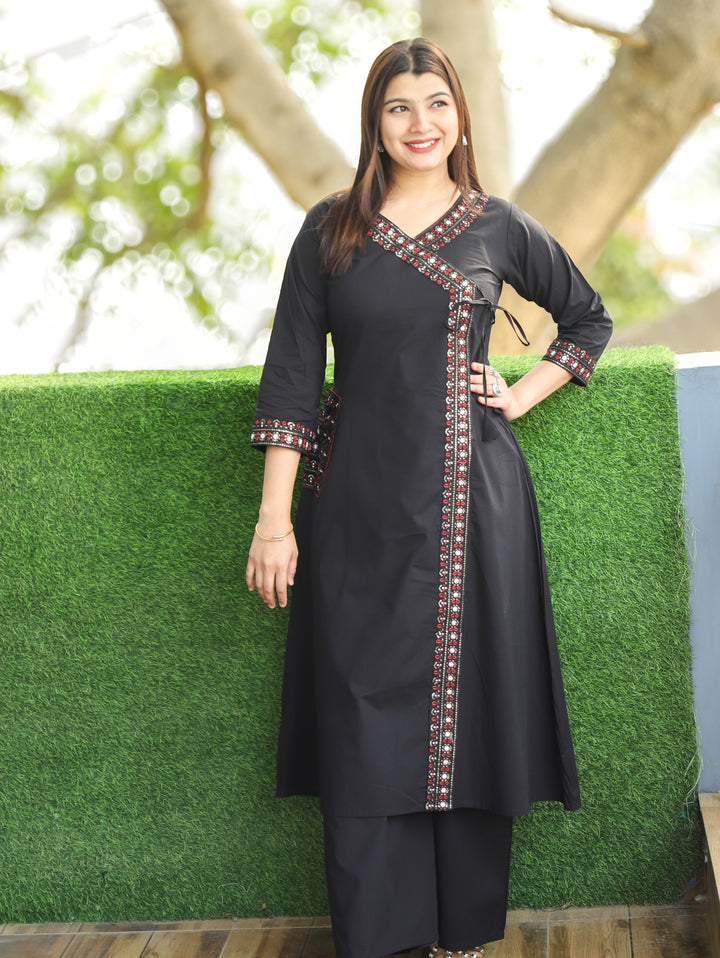 Saiyara Black Embellish Angrakha Neck with Knot And Side Pocket Cotton 2 Piece Set