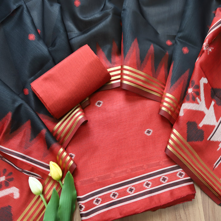 Kaveri Crimson Red Weaved Maheswari Suit Set
