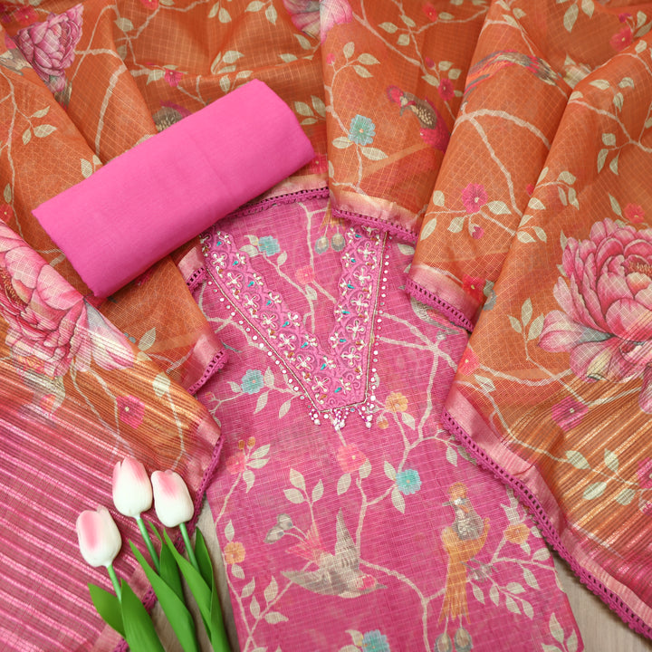 Sahiba Bright Pink V Neck with Moti and Kardana Work Floral Print Kota Doriya Set
