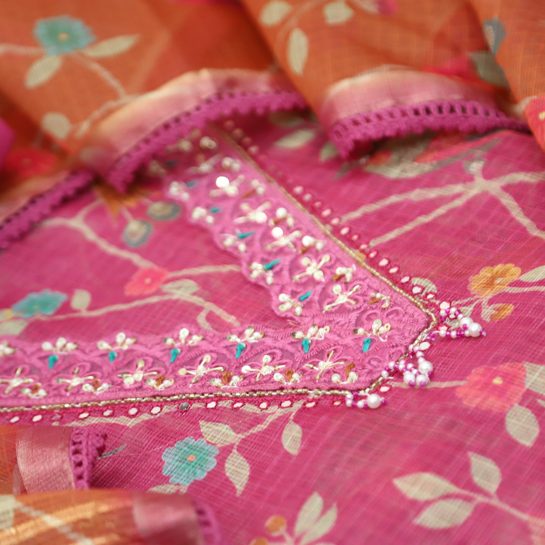 Sahiba Bright Pink V Neck with Moti and Kardana Work Floral Print Kota Doriya Set